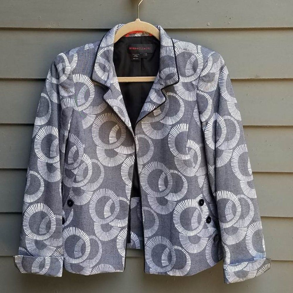 Stunning Nina McLemore Cotton Silk Gray Circle Print Blazer size 8